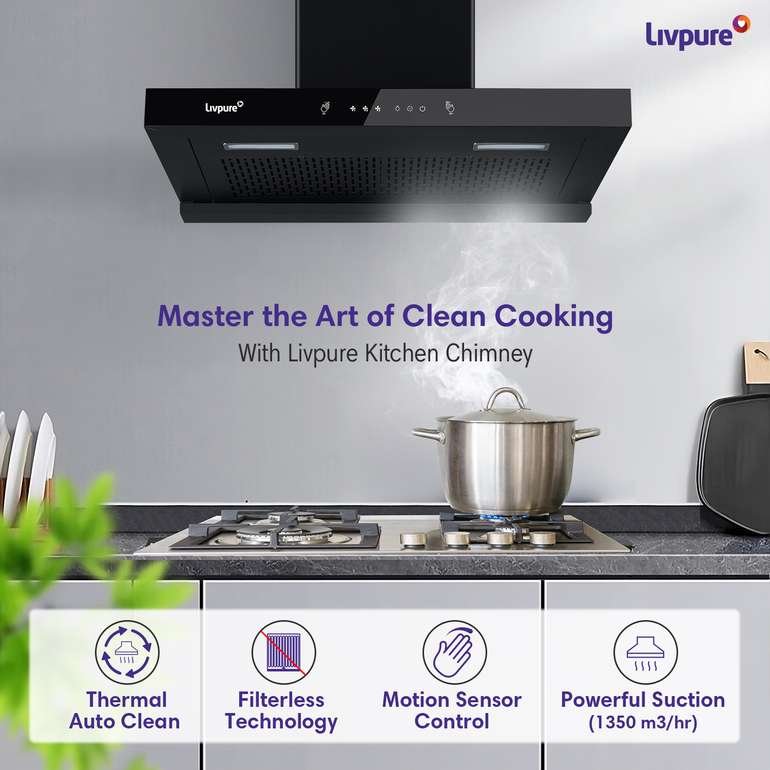 Livpure Ether-90 Auto Clean Wall Mounted Chimney (Powerful Suction-1350 m3/h Black) - Image 3